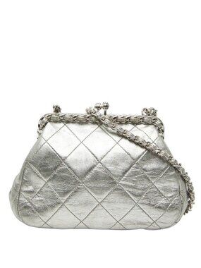 Chanel CC Logo Quilted Chain Shoulder Bag Silver Lambskin